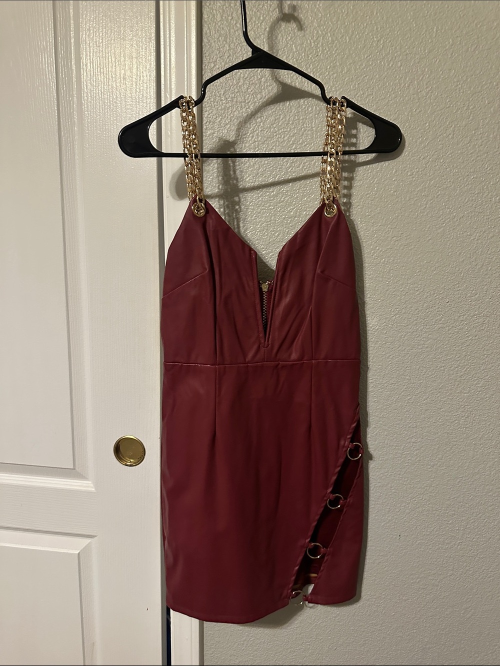 Fashion Nova Burgundy Faux Leather Mini Dress with Gold Chain Straps
